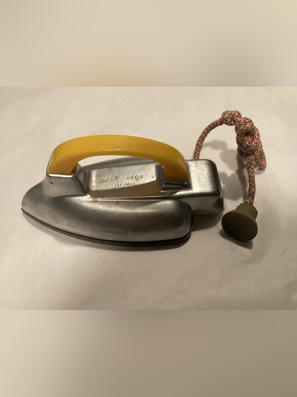 Vtg. Glo-Iron child’s toy iron Mid 20th Century toy Patent was awaiting pat. App